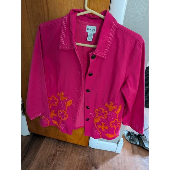 Chico's Jackets & Blazers - Chico's sz 1 jacket Womens Large Floral Embroidered Button Down Pink Orange